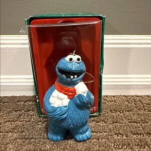Vintage 1988 Sesame Street Cookie Monster Holiday Ornament Porcelain Cookie Xmas